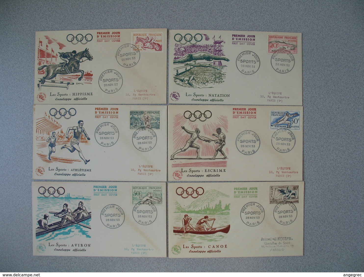 FDC France 28/11/1953  N° 960 à 965 Jeux Olympiques D'Helsinki Cachet Sport Paris Natation Athlétisme Escrime Canoë ... - 1950-1959