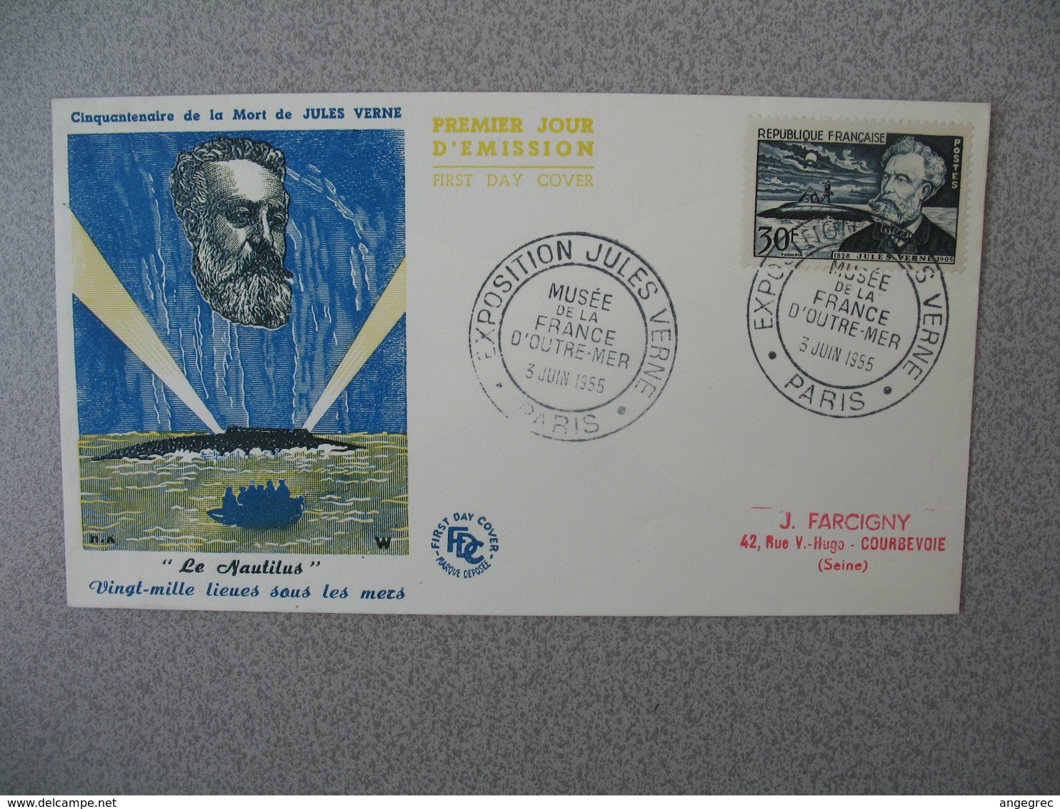 FDC France  3/6/1955  N° 1026  50 è Anniversaire De La Mort De Jules Verne Cachet Musée De La France D'Outre-Mer Paris - 1950-1959