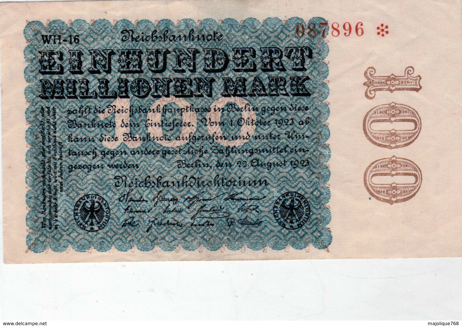 Billet De 100 Millions De Mark - En Neuf - Le 22 Août 1923 - Uni Face - - 100 Miljoen Mark