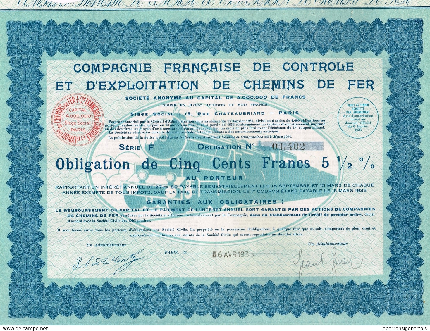 Obligation Ancienne - Compagnie Française De Controle Et D' Exploitation De Chemins De Fer  - Titre De 1933 -N°01.402 - Chemin De Fer & Tramway