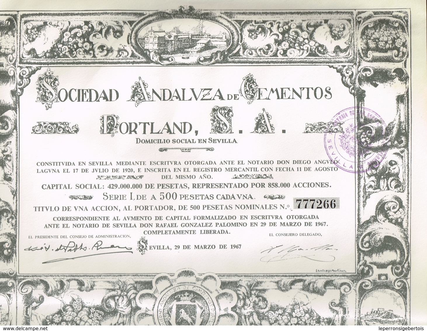 Titre Ancien -Sociedad Andalvza De Cementos Portland S.A. - Titulo De 1967 - Déco - Industrie