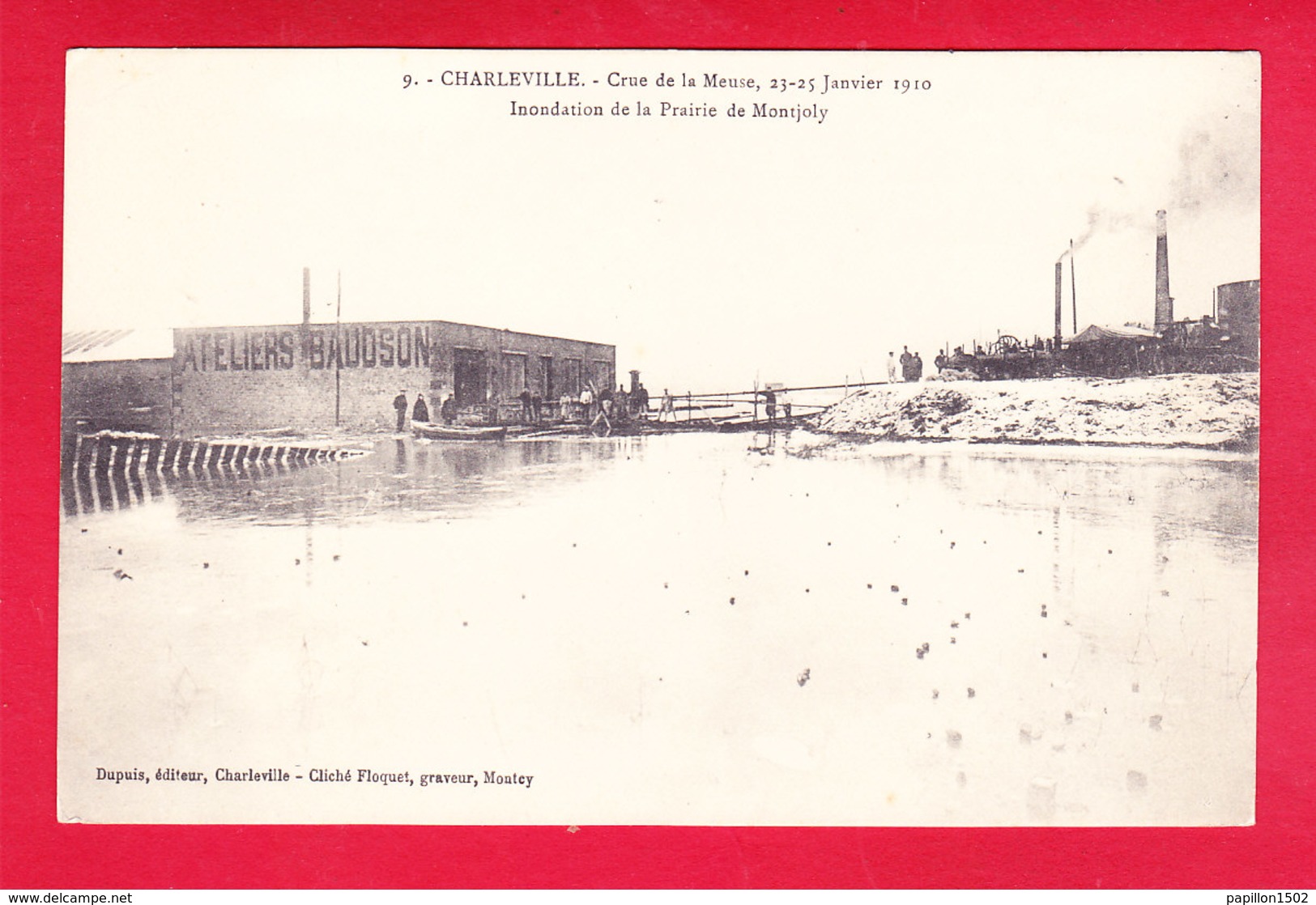 F-08-Charleville-12A30  Crue De La Meuse, Janvier 1910, Inondation De La Prairie De Montjoly, Les Ateliers Baudson, Cpa - Charleville