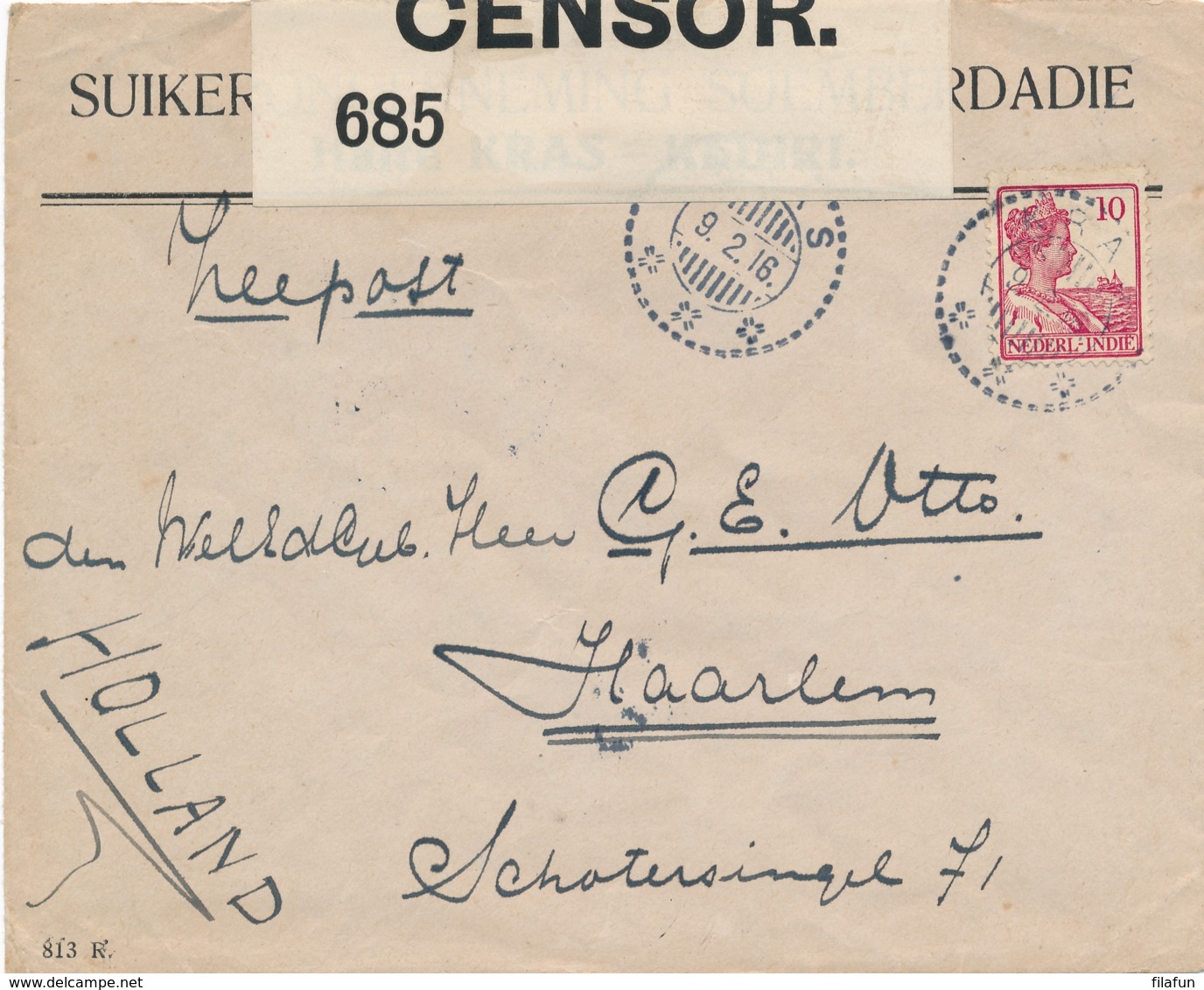 Nederlands Indië - 1916 - 10 Cent Wilhelmina Op Censored Cover Van KB KRAS Via KB SOERABAJA-BANDOENG/+B+ Naar Haarlem - Nederlands-Indië