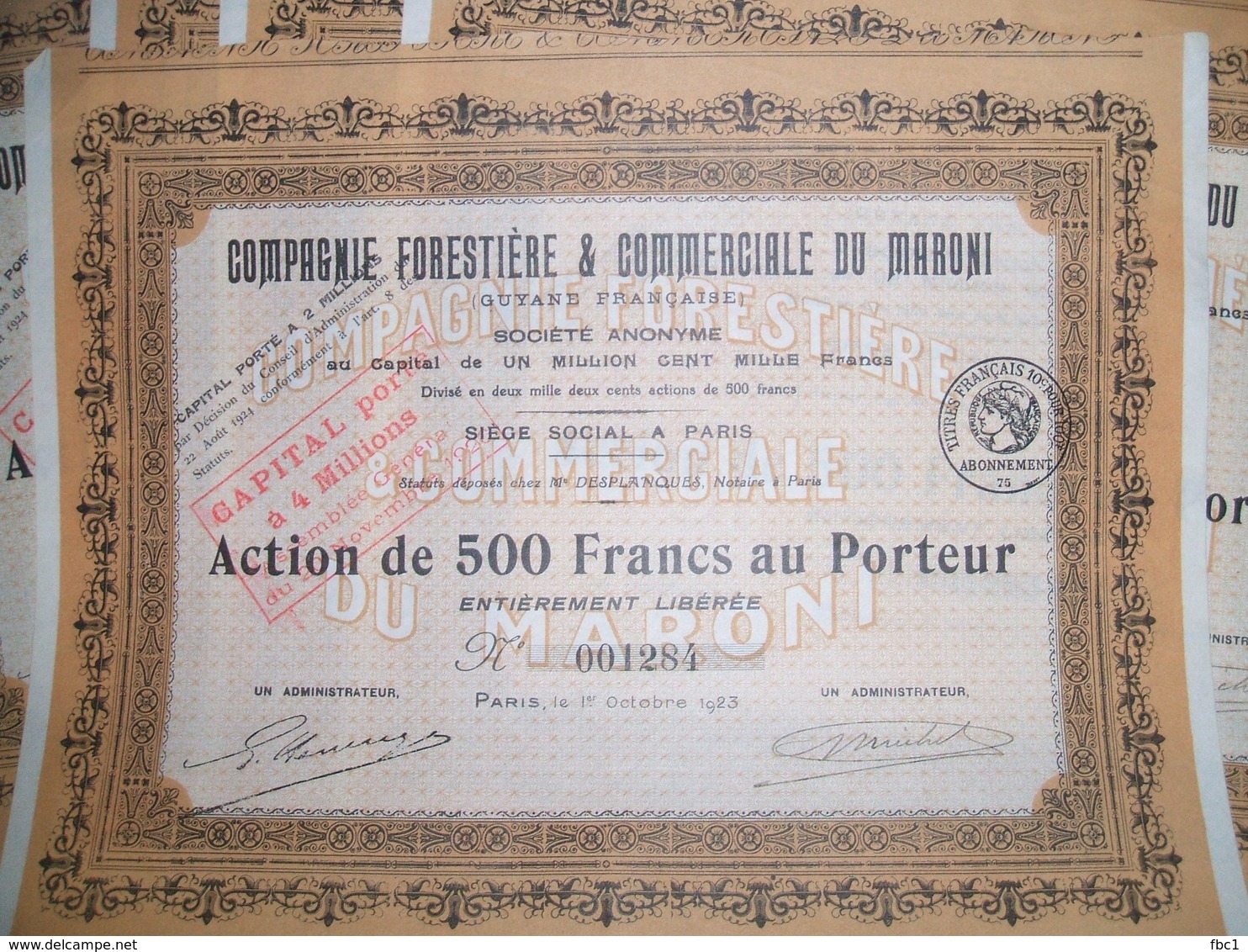Guyane Française - 5 Actions 500 Francs - Compagnie Forestière Et Commerciale Du Maroni -1923 - Industrie