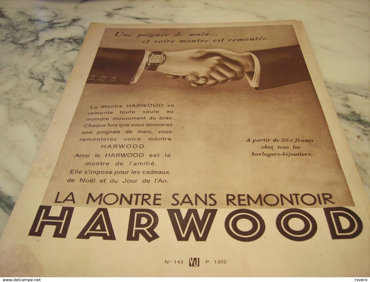 ANCIENNE PUBLICITE POIGNEE DE MAIN  MONTRE HARWOOD  1930 - Otros & Sin Clasificación