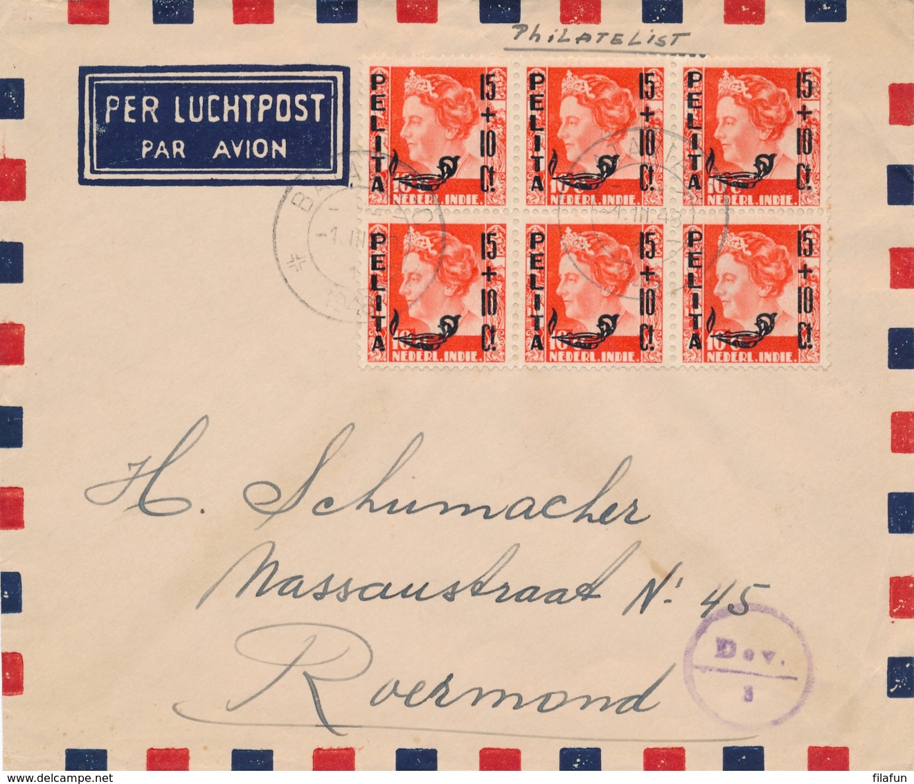 Nederlands Indië - 1948 - 6x Pelita-opdruk In Blok Op Cover Met Noodstempel Batavia En Deviezencensuur Naar Roermond - Niederländisch-Indien