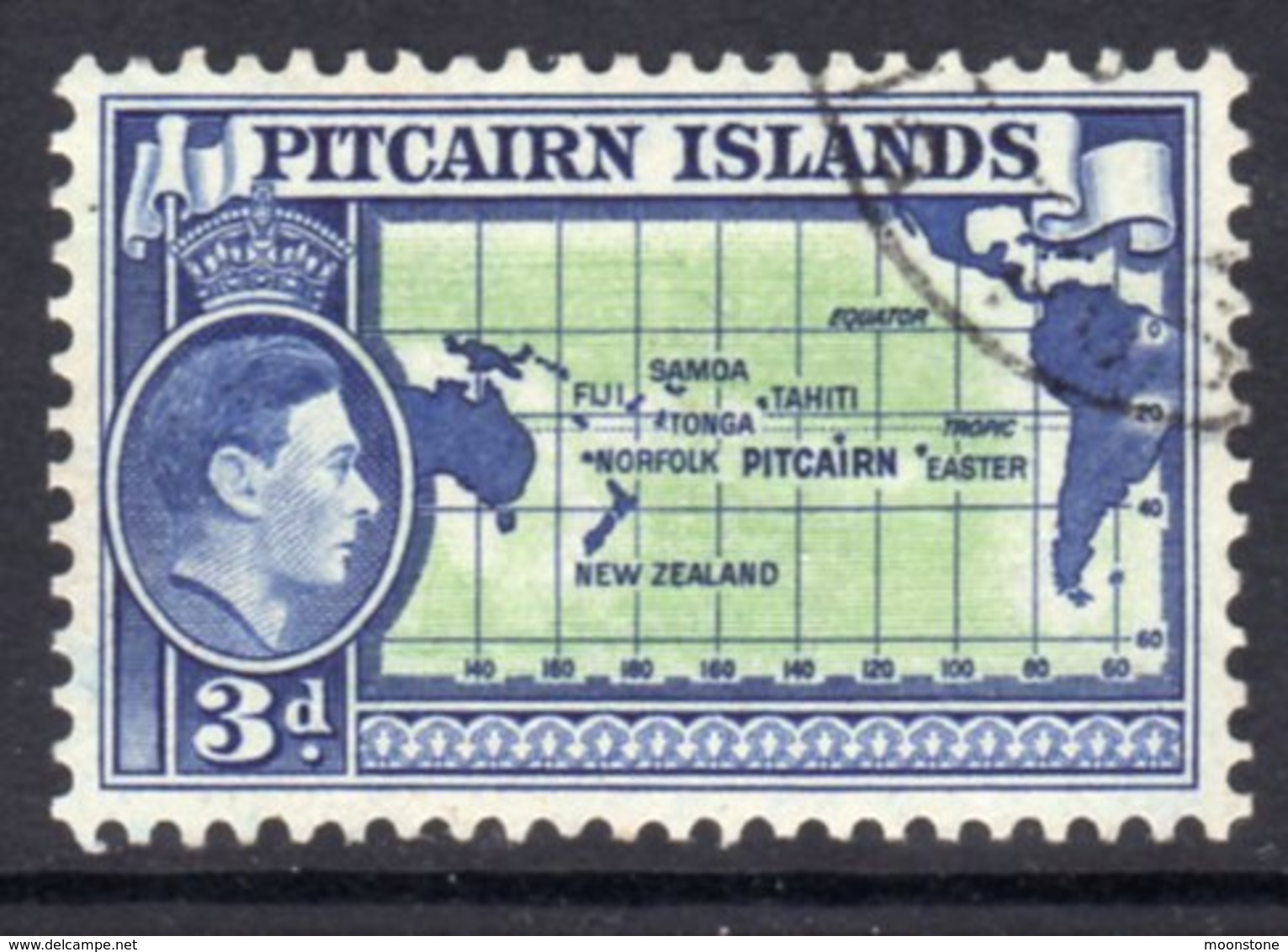 Pitcairn GVI 1940-51 3d Pacific Ocean Map Definitive, Used, SG 5 - Pitcairn Islands