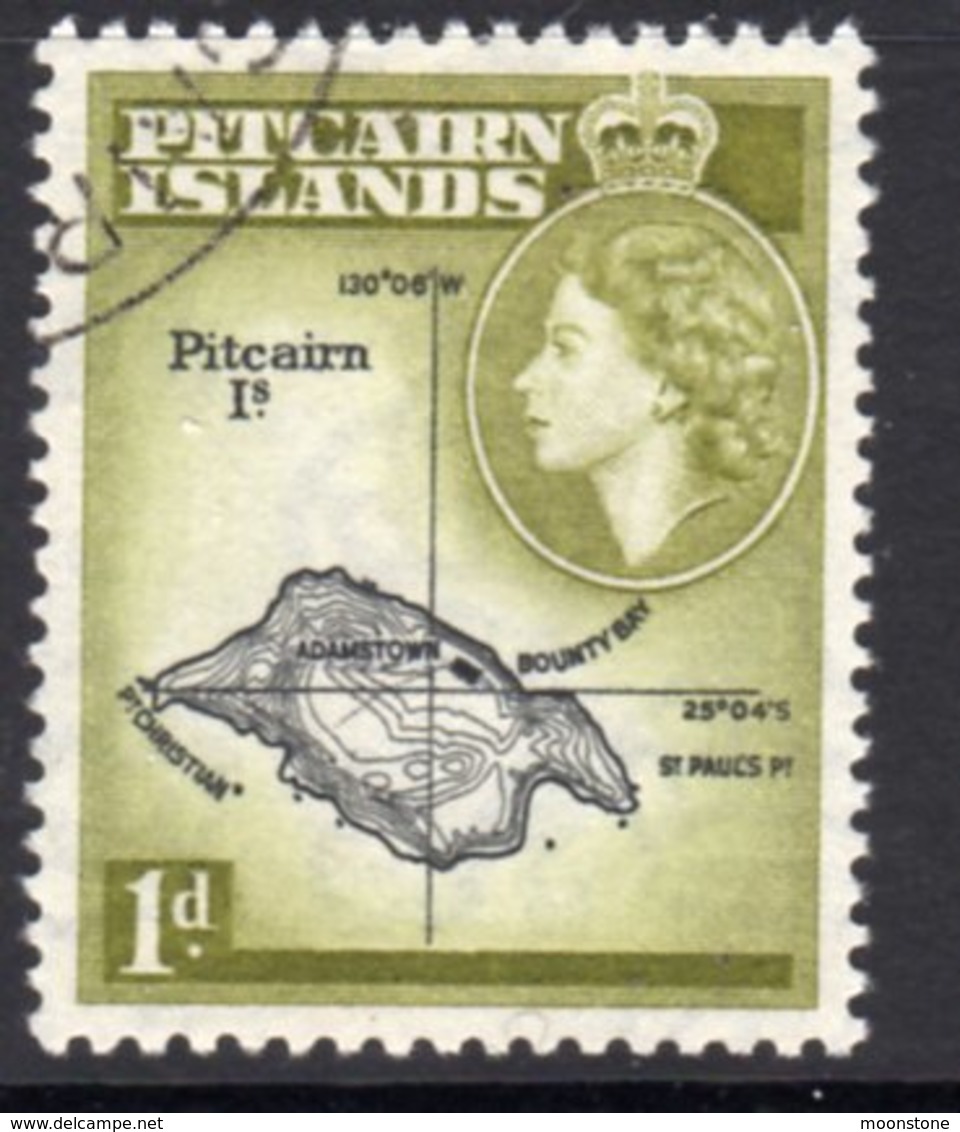 Pitcairn QEII 1957-63 1d Island Map Definitive, Black & Light Olive-green Shade, Used, SG 19b - Pitcairn Islands