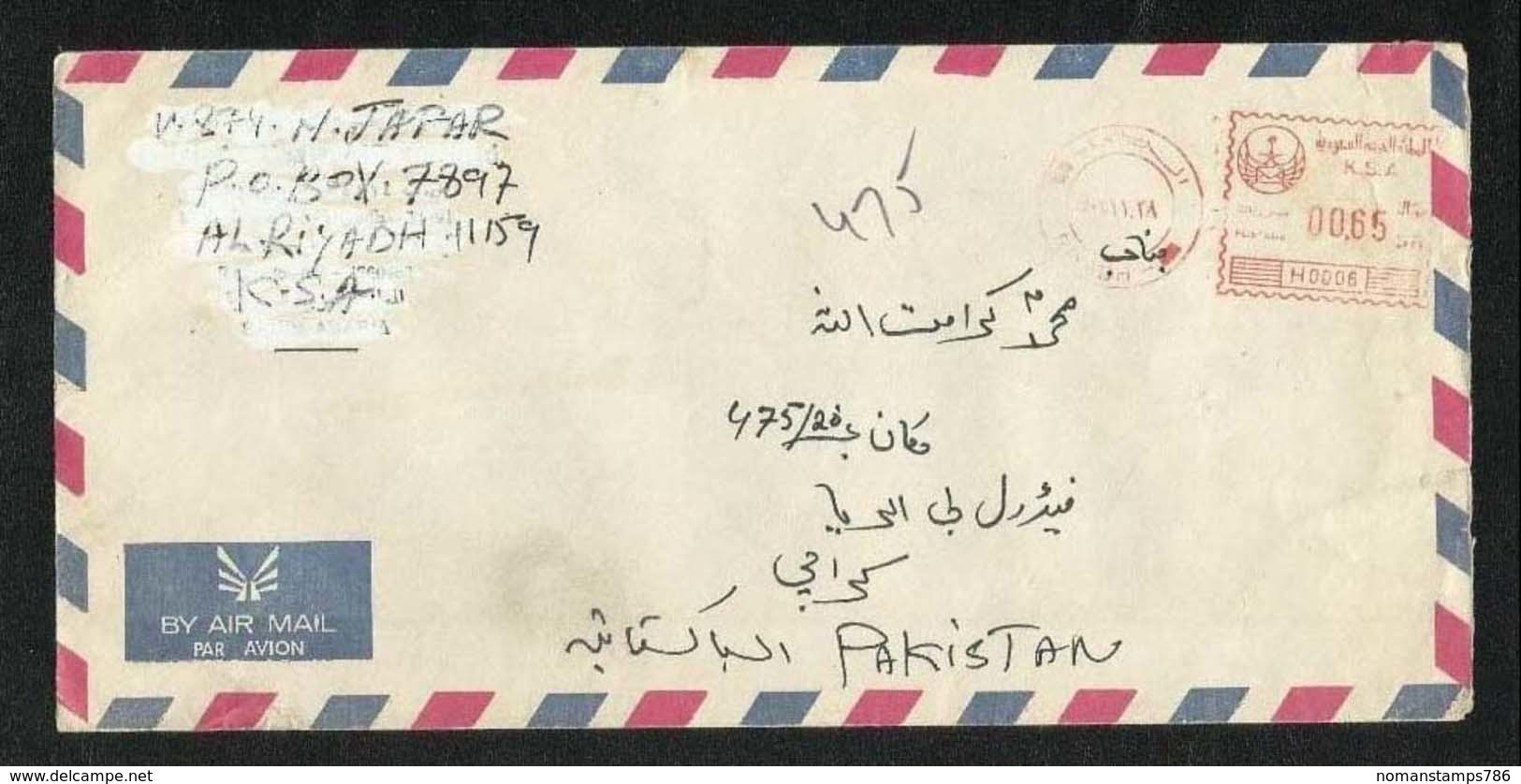 Saudi Arabia Meter Mark Air Mail Postal Used Cover Riyadh To Pakistan - Arabie Saoudite