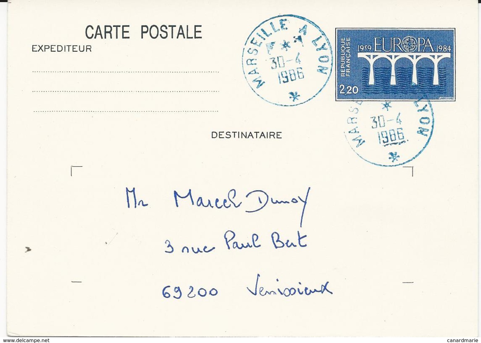 ENTIER POSTAL 1986 AVEC CACHET AMBULANT BLEU MARSEILLE A LYON - Railway Post