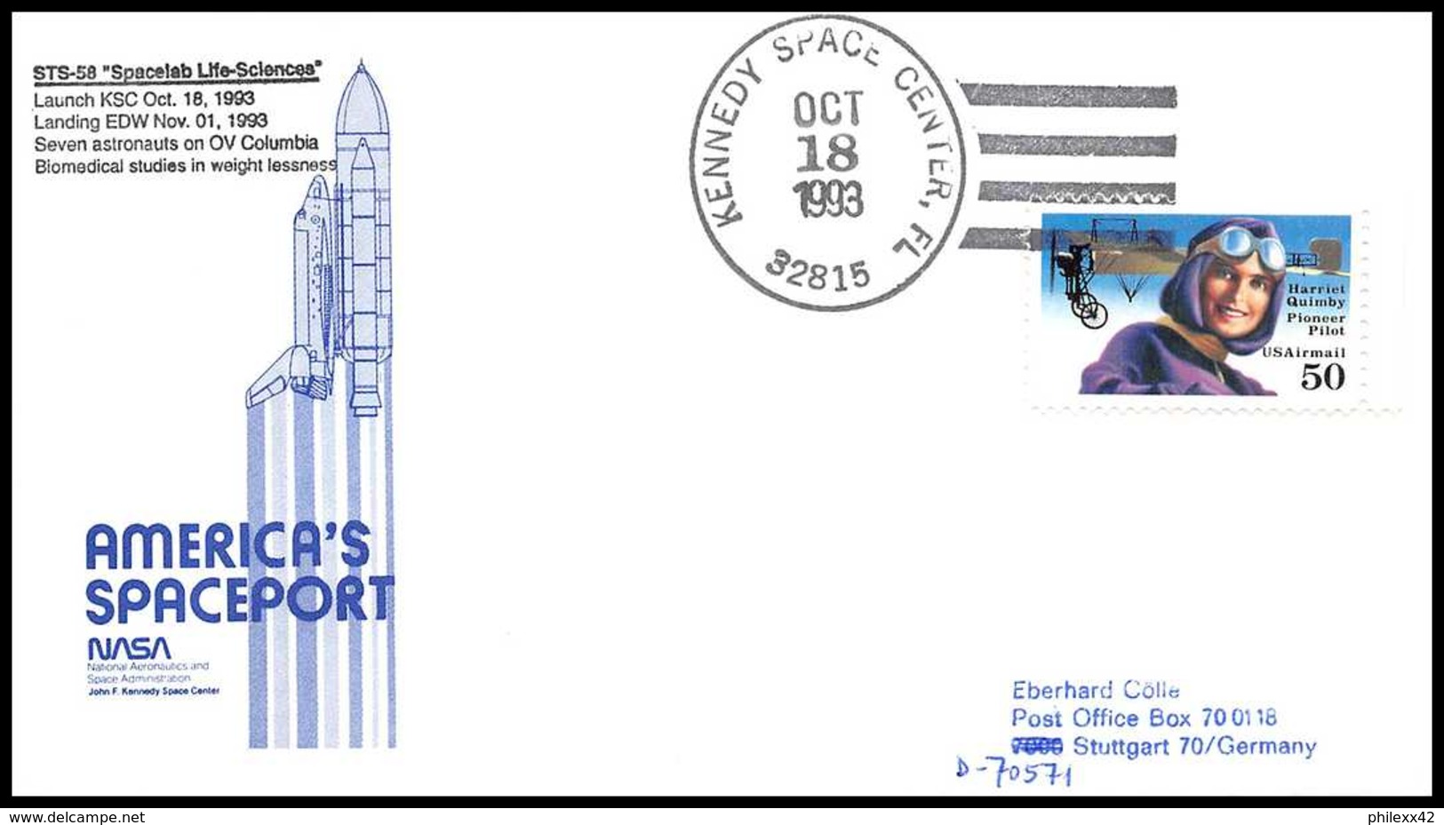 10742/ Espace (space Raumfahrt) Lettre (cover Briefe) 18/10/1993 Start STS-58 Shuttle (navette) Columbia USA - United States