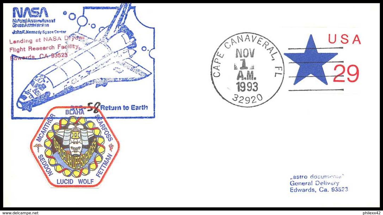 10748/ Espace (space) Entier Postal (Stamped Stationery) 1/11//1993 Landing STS-58 Shuttle (navette) Columbia USA - United States