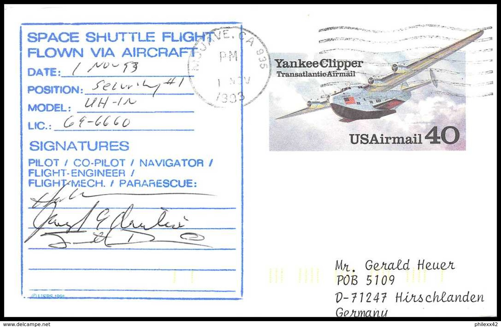 10752/ Espace Space Entier Postal (Stationery) Signé Signed 1/11//1993 Landing STS-58 Shuttle (navette)  Mouave USA - United States