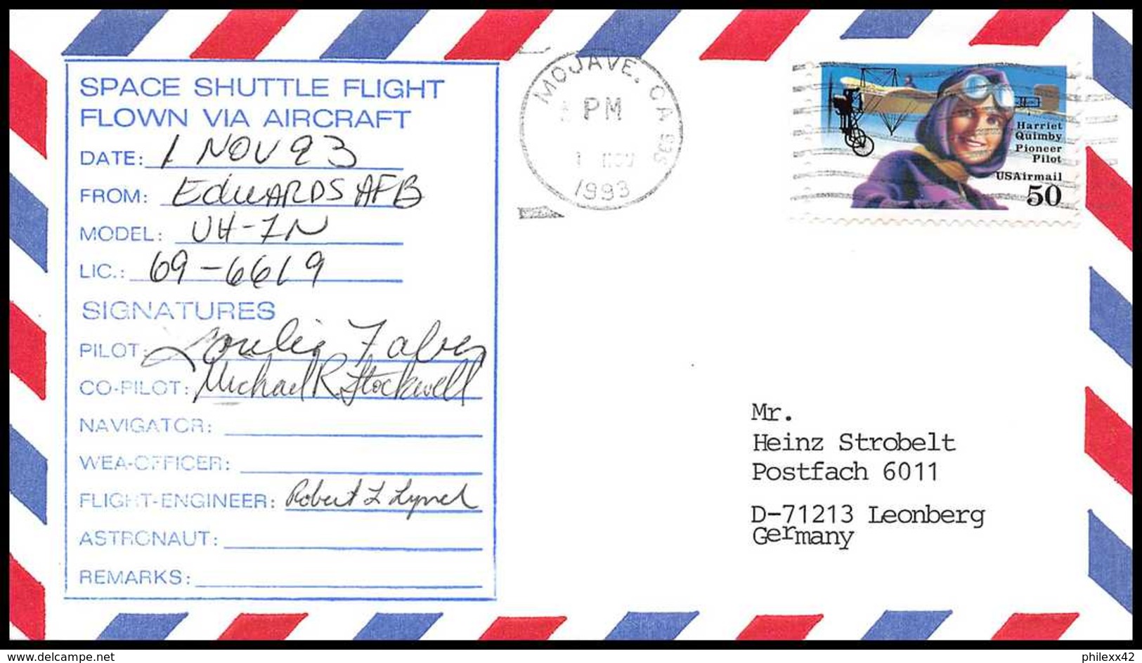 10754/ Espace (space) Lettre (cover) Signé (signed) 1/11//1993 Landing STS-58 Shuttle (navette) Mouave Columbia USA - United States