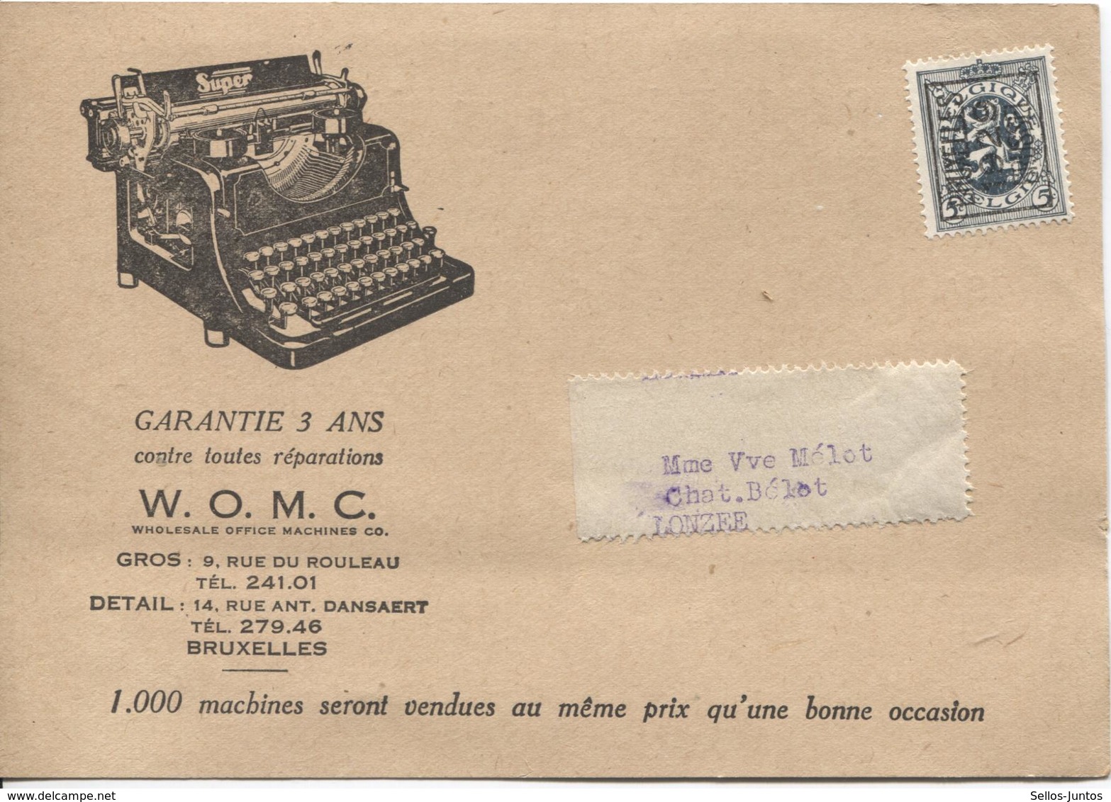 SJ78/ TP Préo 279 BXL 1929 Machine à écrire W.O.M.C. Construite Par Une Des Plus Grandes Aciéries Du Monde - Usines & Industries
