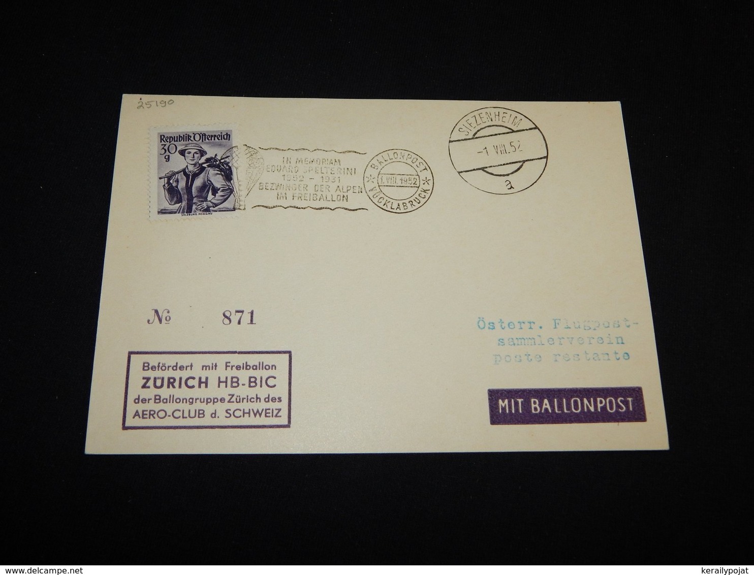 Austria 1952 Siezenheim Ballonpost Card__(L-25190) - Ungebraucht