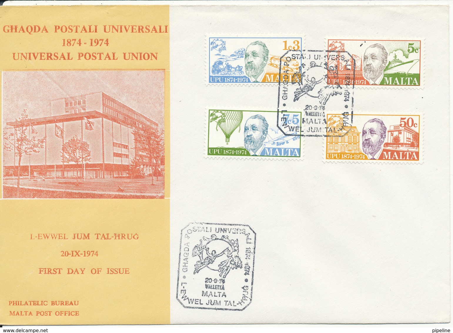 Malta FDC 20-9-1974 Complete Set Of 4 UPU Stamps With Cachet - Malta