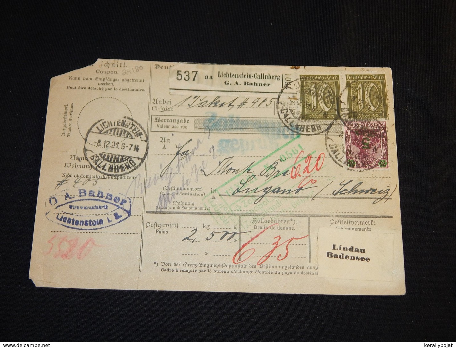 Germany 1921 Lichtenstein-Callnberg Parcel Card To Switzerland__(L-24180) - Briefe U. Dokumente