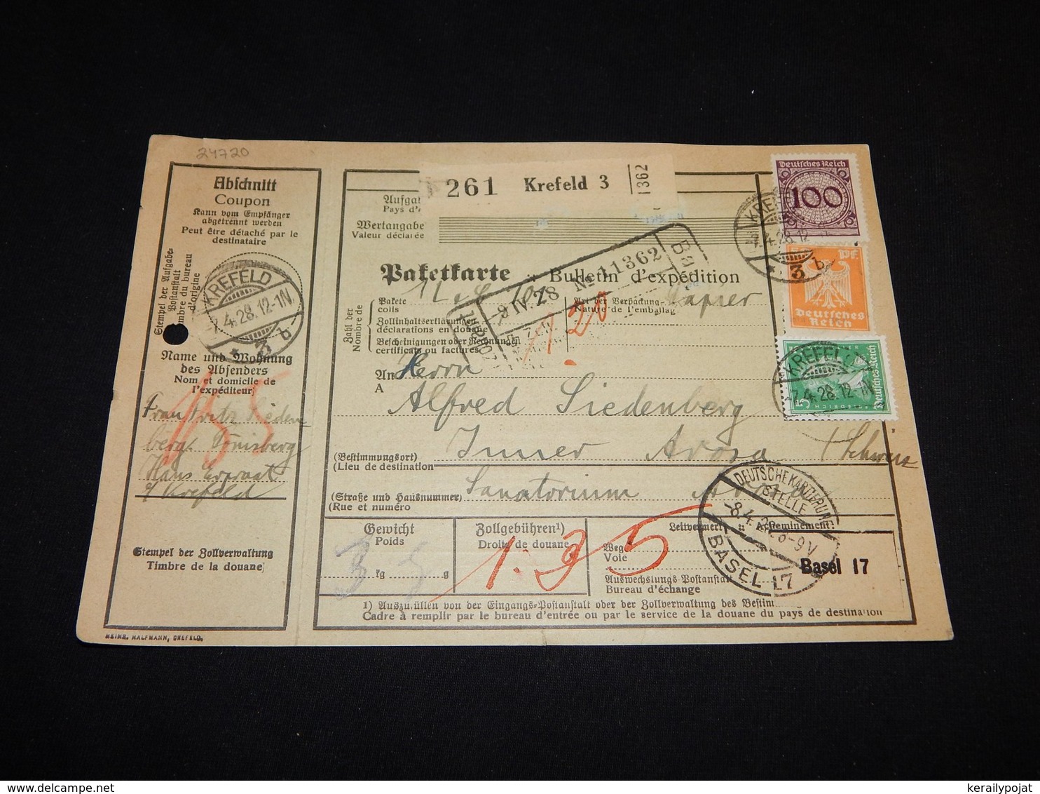 Germany 1928 Krefeld 3 Parcel Card To Switzerland__(L-24720) - Briefe U. Dokumente