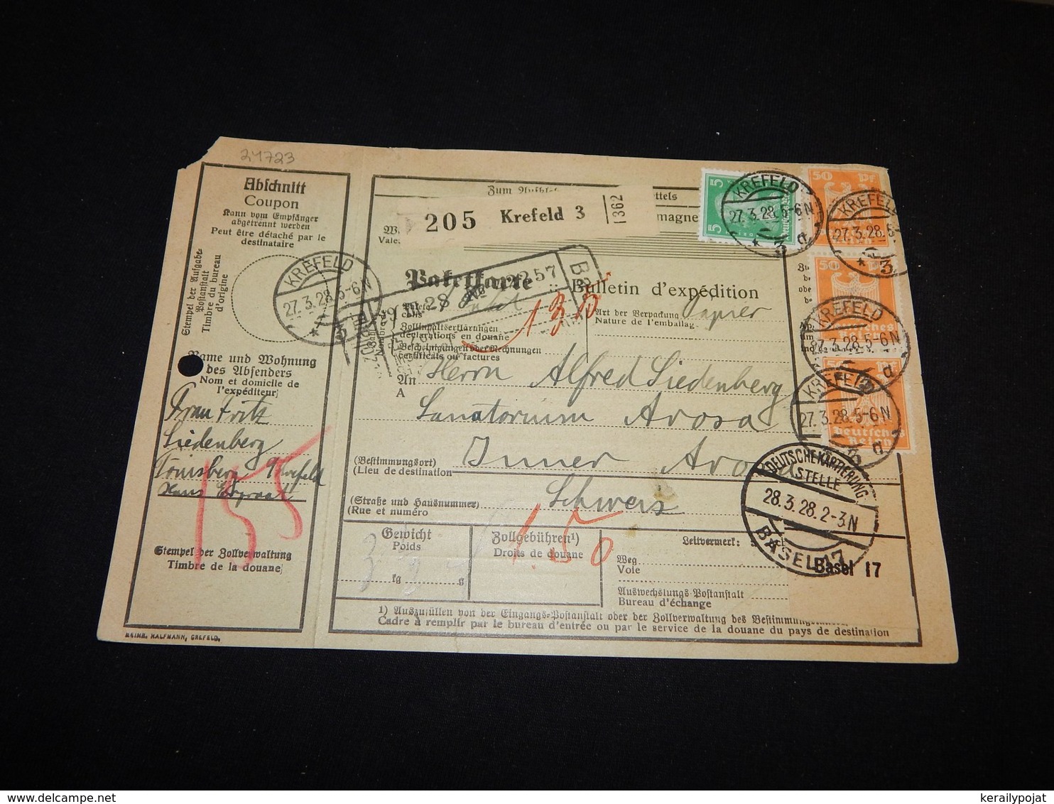 Germany 1928 Krefeld 3 Parcel Card To Switzerland__(L-24723) - Briefe U. Dokumente