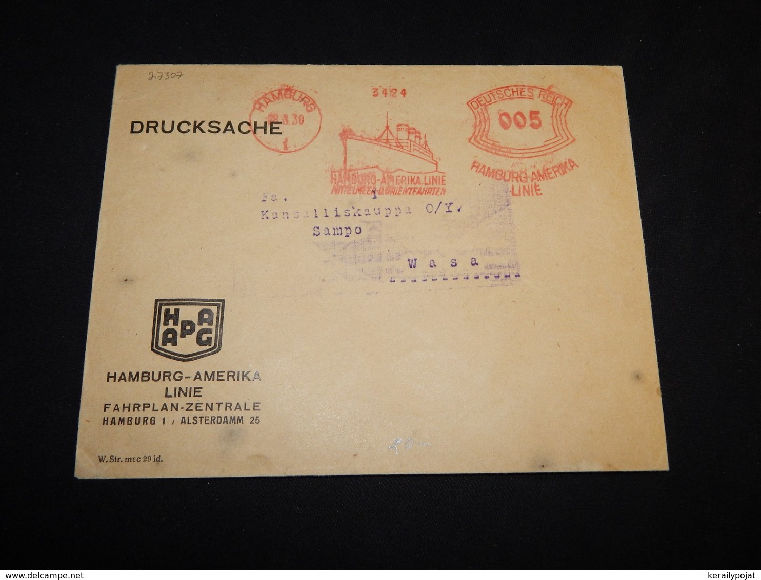 Germany 1930 Hamburg-Amerika Linie Meter Mark Cover__(L-27307) - Storia Postale