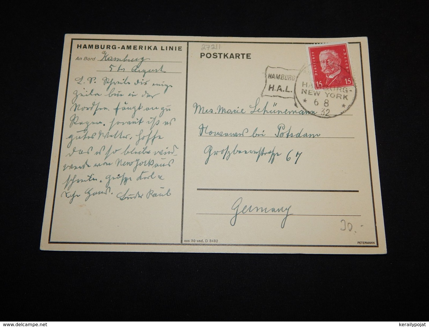 Germany 1932 Hamburg-New York Ship Cancellation Card__(L-27211) - Briefe U. Dokumente