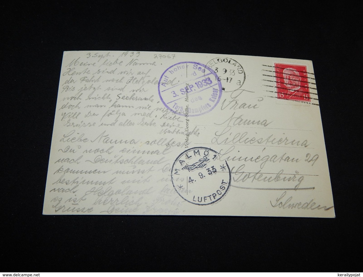 Germany 1933 Helgoland Dampfers Kaiser Cancellation Postcard__(L-27067) - Briefe U. Dokumente