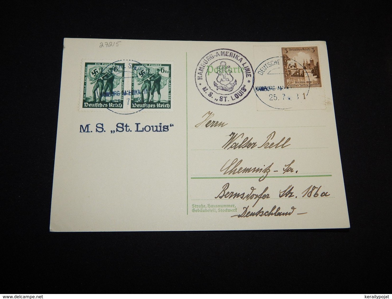 Germany 1938 Hamburg-Amerika Linie M.S. St.Louis Cancellation Card__(L-27215) - Briefe U. Dokumente