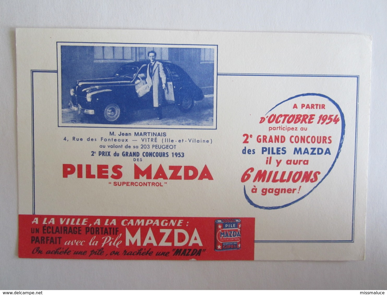 Publicité Buvard Buvards Piles Mazda Jean Martinais Rue Des Fonteaux Vitré Peugeot 203 - Piles