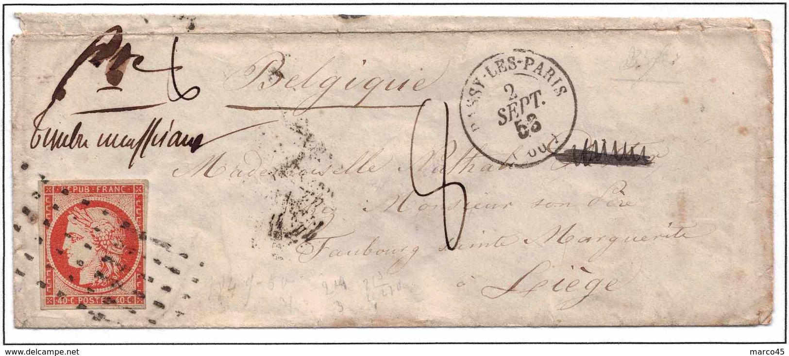 YT 5 SUR LETTRE 1853 RETAXEE POUR LA BELGIQUE - 1849-1876: Classic Period