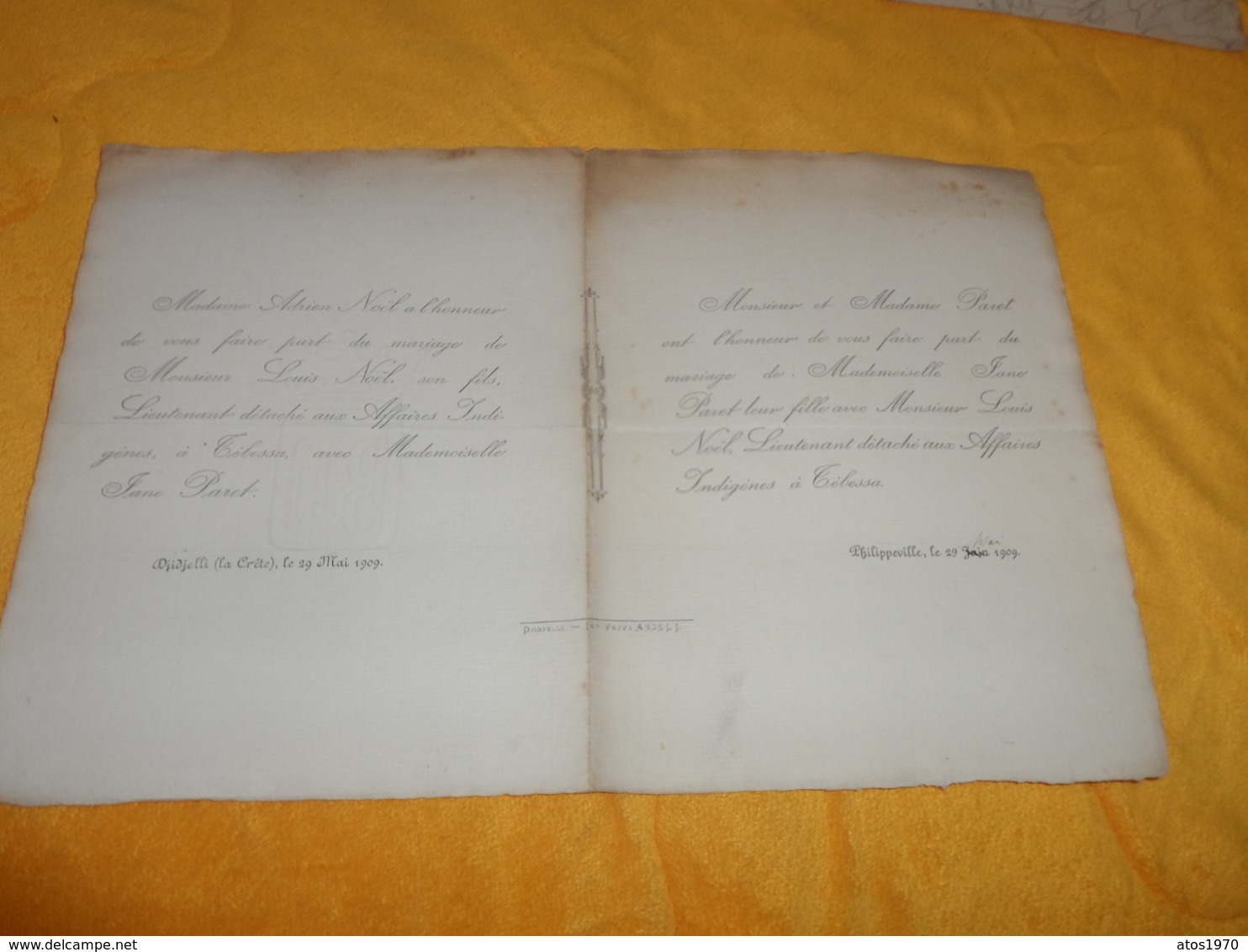 FAIRE PART MARIAGE ANCIEN DE 1909 DJIDJELLI LA CRETE MME ADRIEN NOEL / MR & MME PARET PHILIPPEVILLE... - Mariage