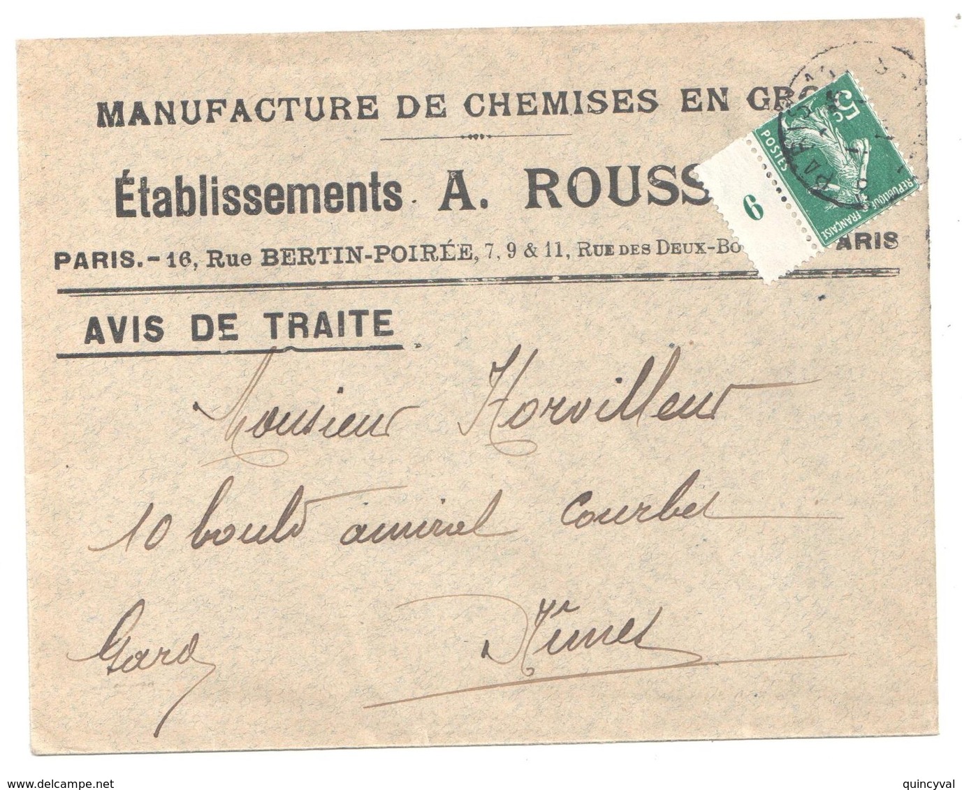 PARIS Avis De Traite Assimilé Facture Lettre Entête Manufacture Chemise ROUSSEAU R Bertin 5c Semeuse Vert Mill 9 Yv 137 - Covers & Documents