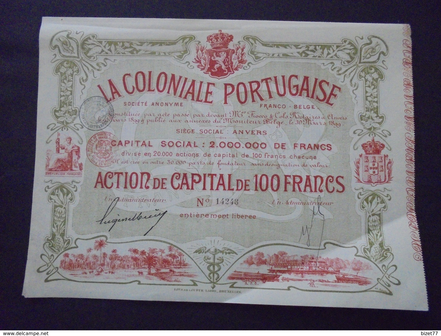 PORTUGAL-BELGIQUE - LA COLONIALE PORTUGAISE - ACTION DE CAPITAL DE 100 FRS , ANVERS 1899 - BELLE ILLUSTRATION - Sonstige & Ohne Zuordnung