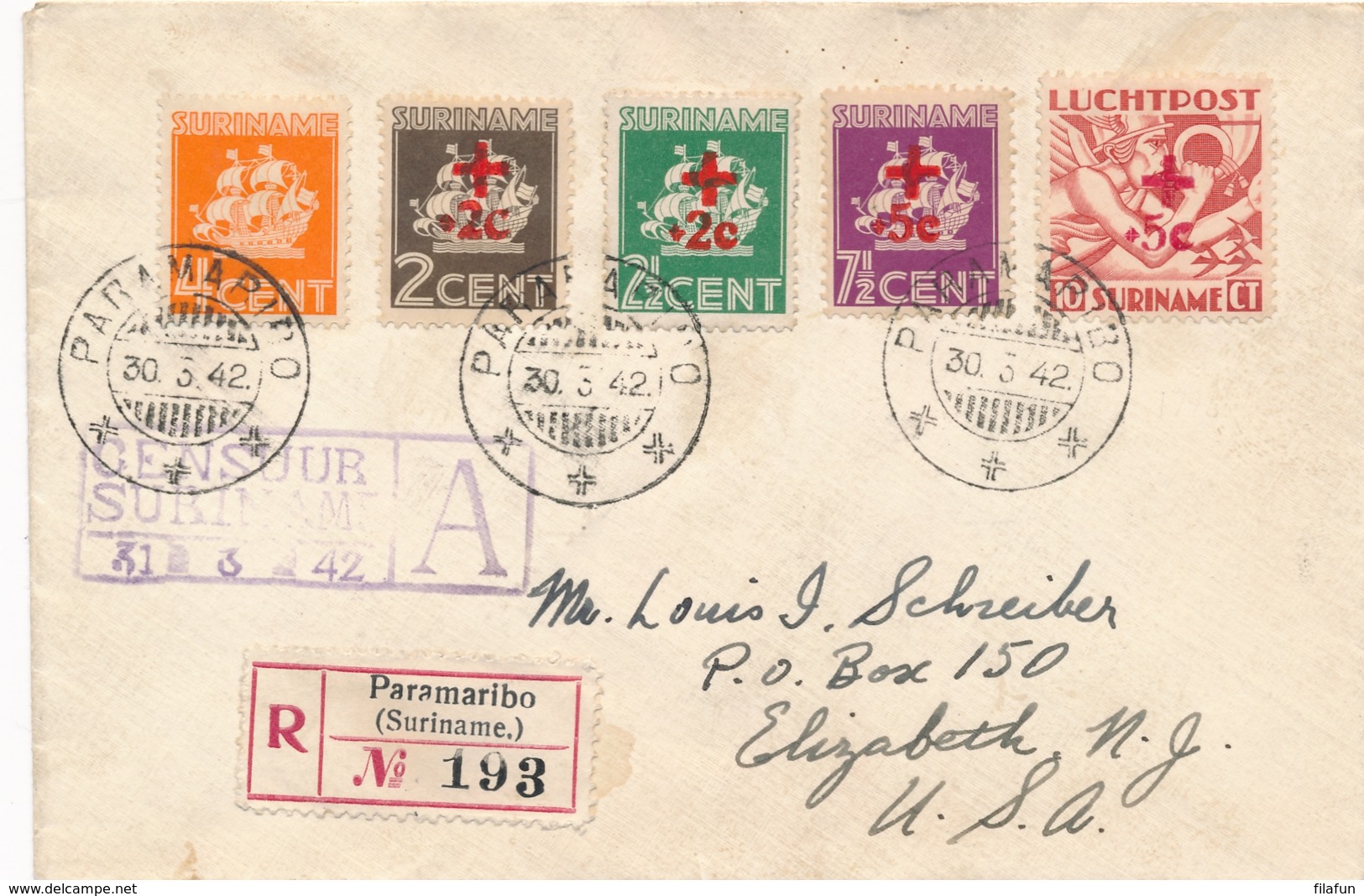 Suriname - 1942 - Rode Kruis / Red Cross Overprint Op Censored R-cover Van Paramaribo Naar Elizabeth / USA - Suriname ... - 1975
