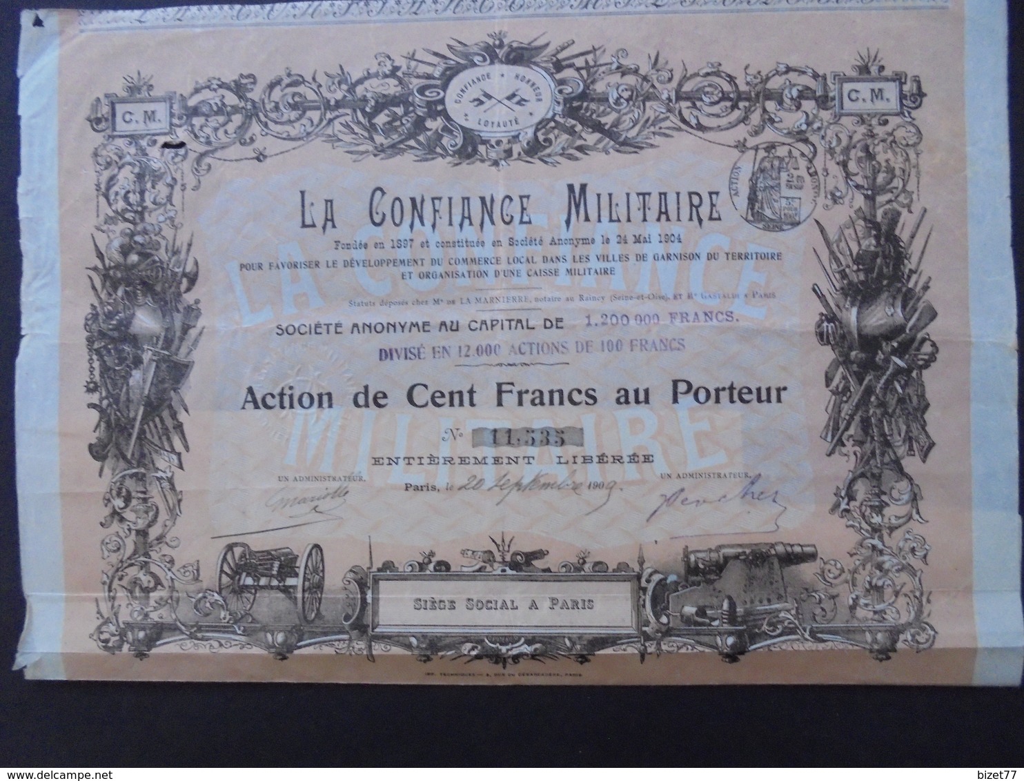 MILITARIA - LA CONFIANCE MILITAIRE - ACTION DE 100 FRS - PARIS 1909 - BELLE ILLUSTRATION -  ETAT MOYEN - Other & Unclassified