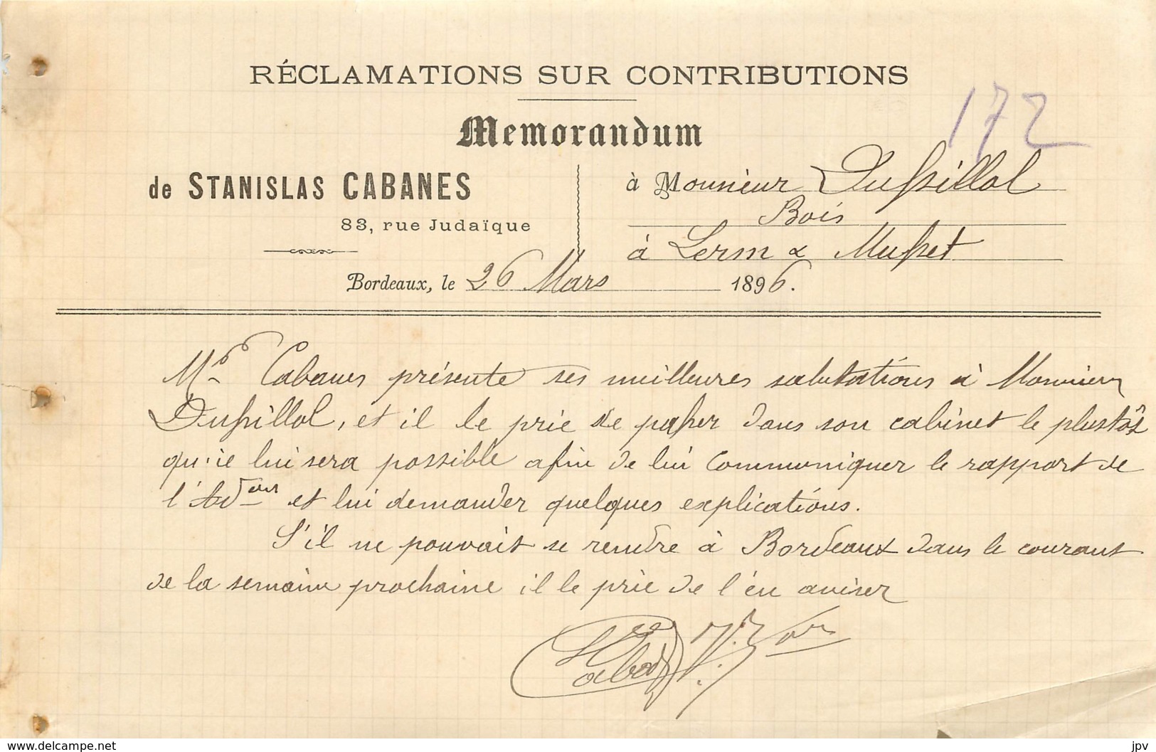 LETTRE DE "STANISLAS CABANES" BORDEAUX - 1896 - 1800 – 1899