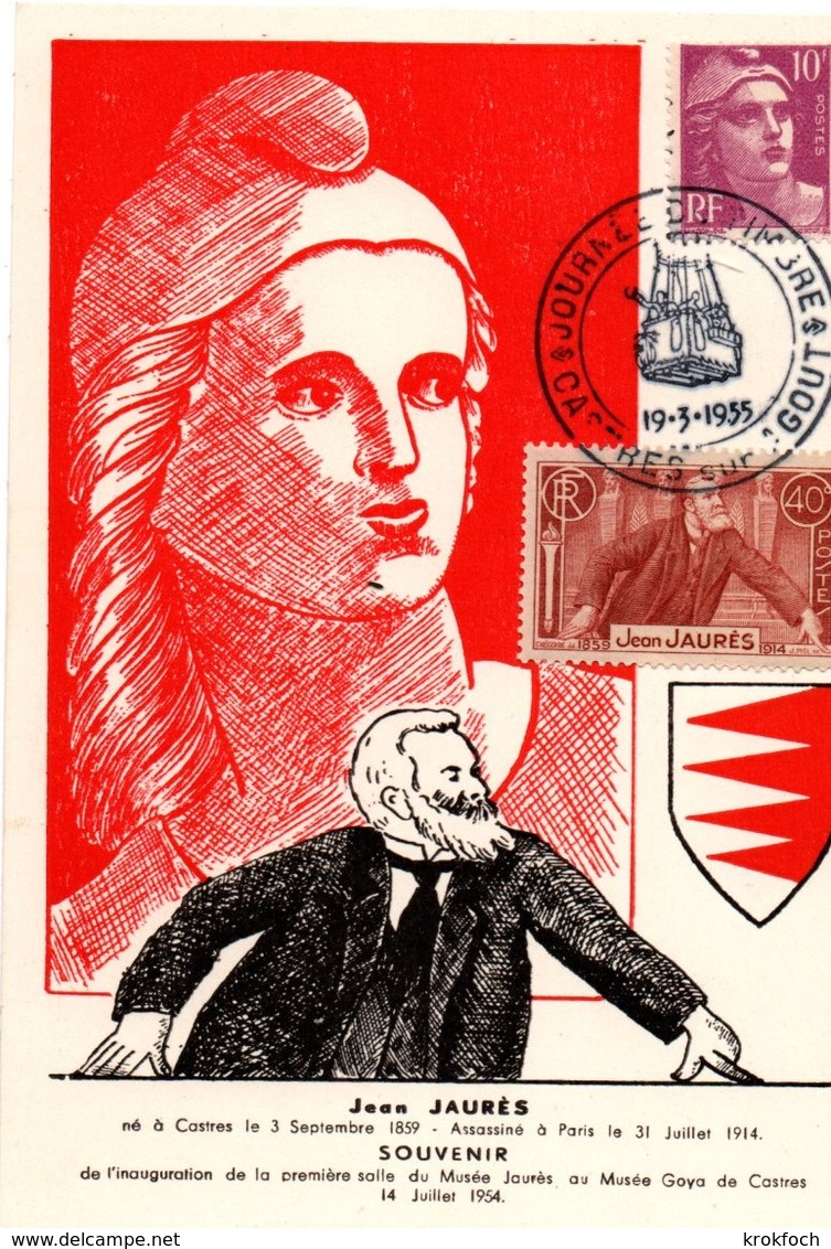 Castres 1955 - BT Journée Du Timbre Sur CP Jaurès Et Marianne De Gandon - Ballon Postal - Commemorative Postmarks