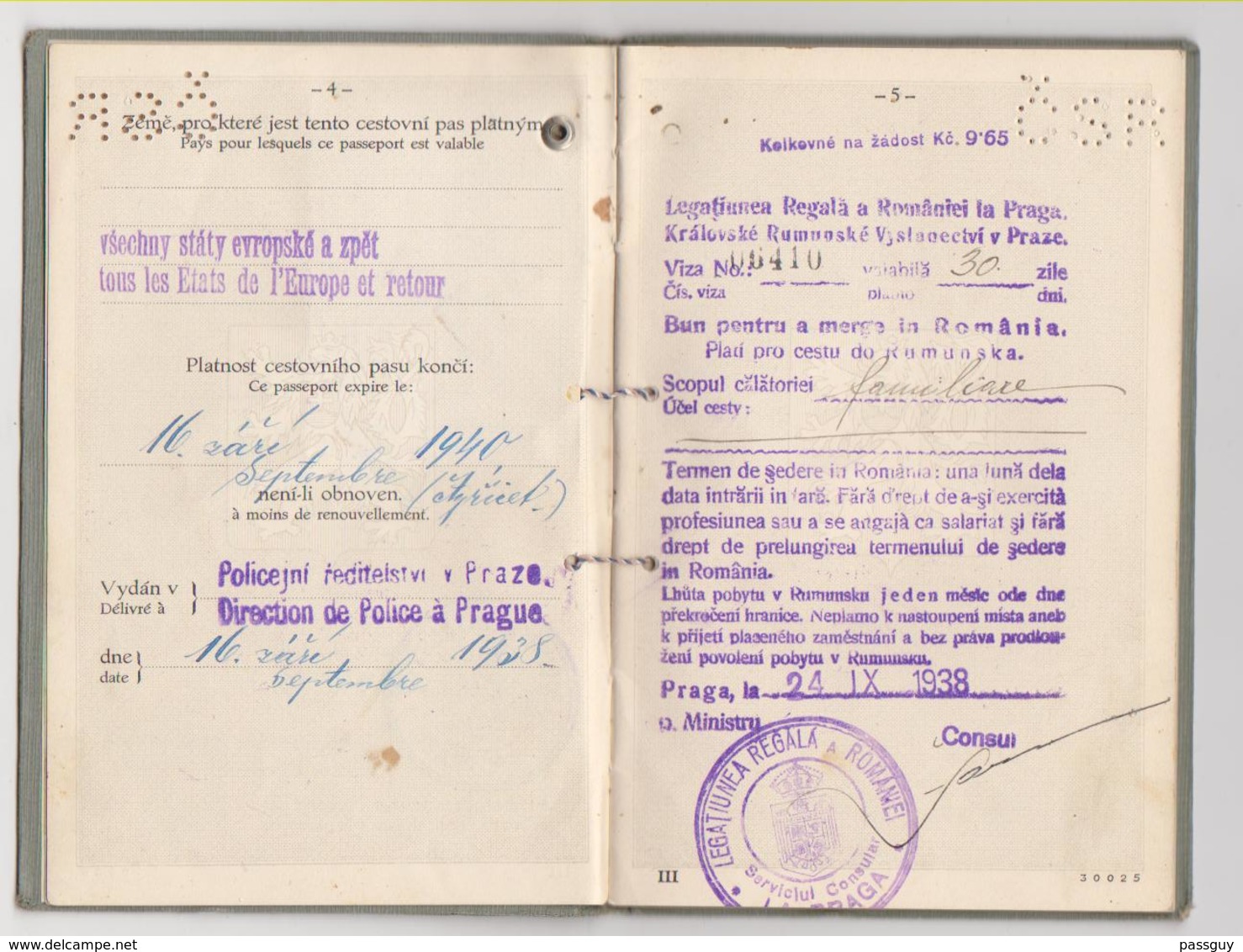 CZECHOSLOVAKIA Passport 1938 Passeport TCHECOSLOVAQUIE – Reisepaß – Revenues/Fiscaux - Documenti Storici