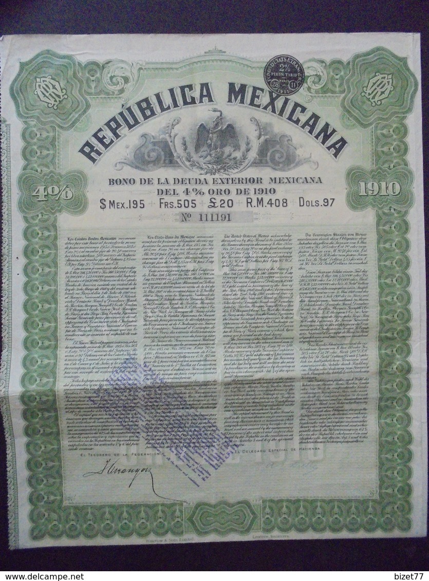 MEXIQUE - BONO DE LA DEUDA EXTERIOR DEL 4% ORO 1910 - OBLIGATION DE  L20 - BELLE ILLUSTRATION - Autres & Non Classés