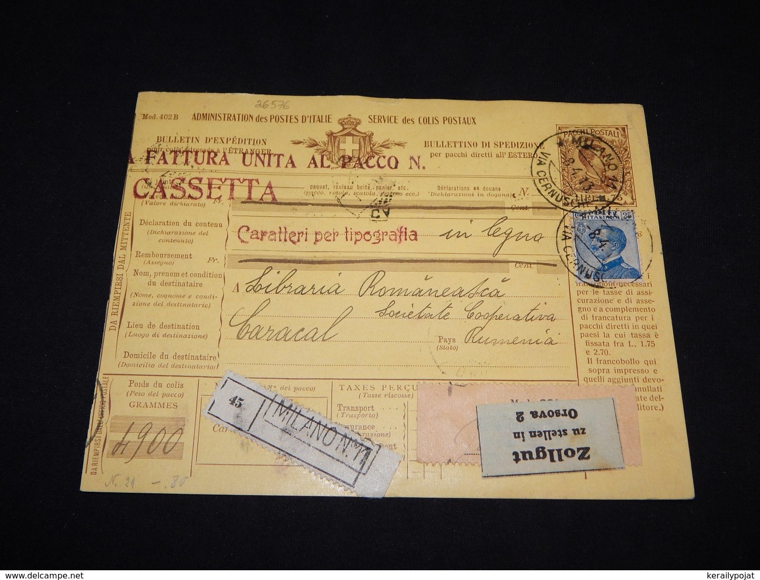 Italy 1913 Milano Parcel Card To Romania__(L-26576) - Storia Postale