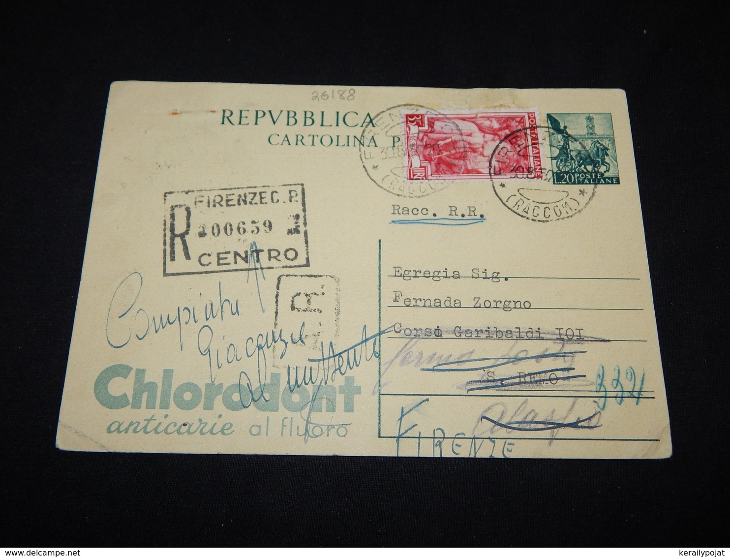 Italy 1952 Firenze Registered Card__(L-26188) - 1946-60: Marcofilie