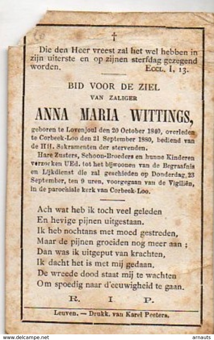 Doodsprentje Wittings Anna Maria °1840 Lovenjoul +188 Korbeek-Lo Corbeek-Loo Druk Peeters Leuven - Obituary Notices