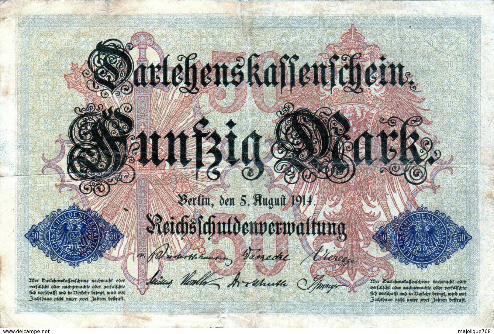 Billet Allemand De 50 Mark Du 5-8-1914- 6 Chiffres Rouge P - N° 624277 En T B - 50 Mark