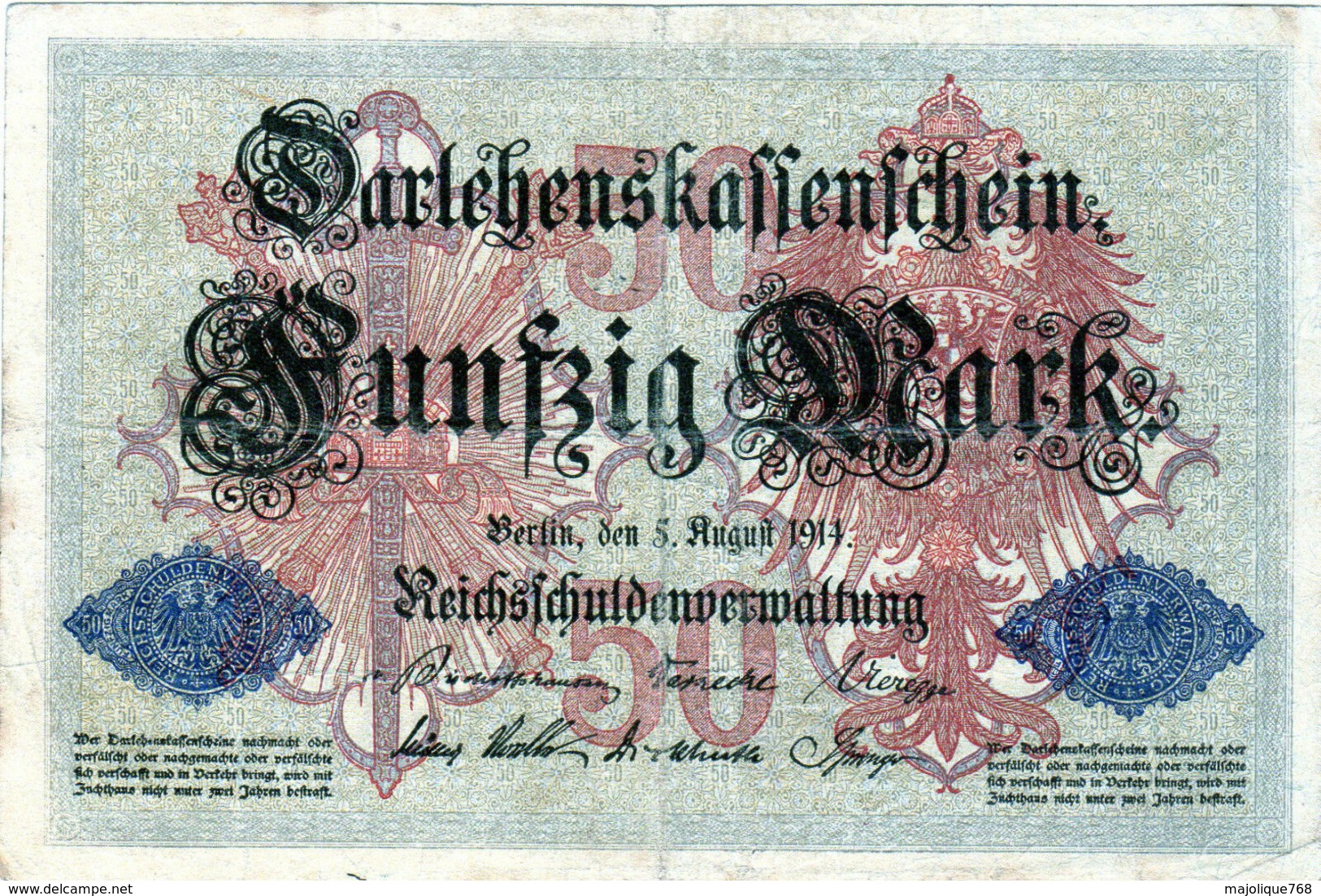 Billet Allemand De 50 Mark Du 5-8-1914- 6 Chiffres Rouge W-N° 388211 En T B - 50 Mark