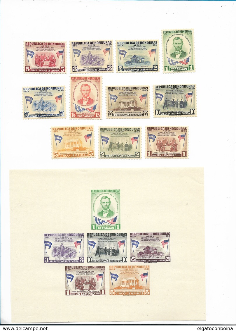 HONDURAS 1959, ABRAHAM LINCOLN SET OF 11 VALUES + SOUVENIR SHEET MNH VF MICHEL 562/73, BL 4 SCOTT C289/300a - Honduras