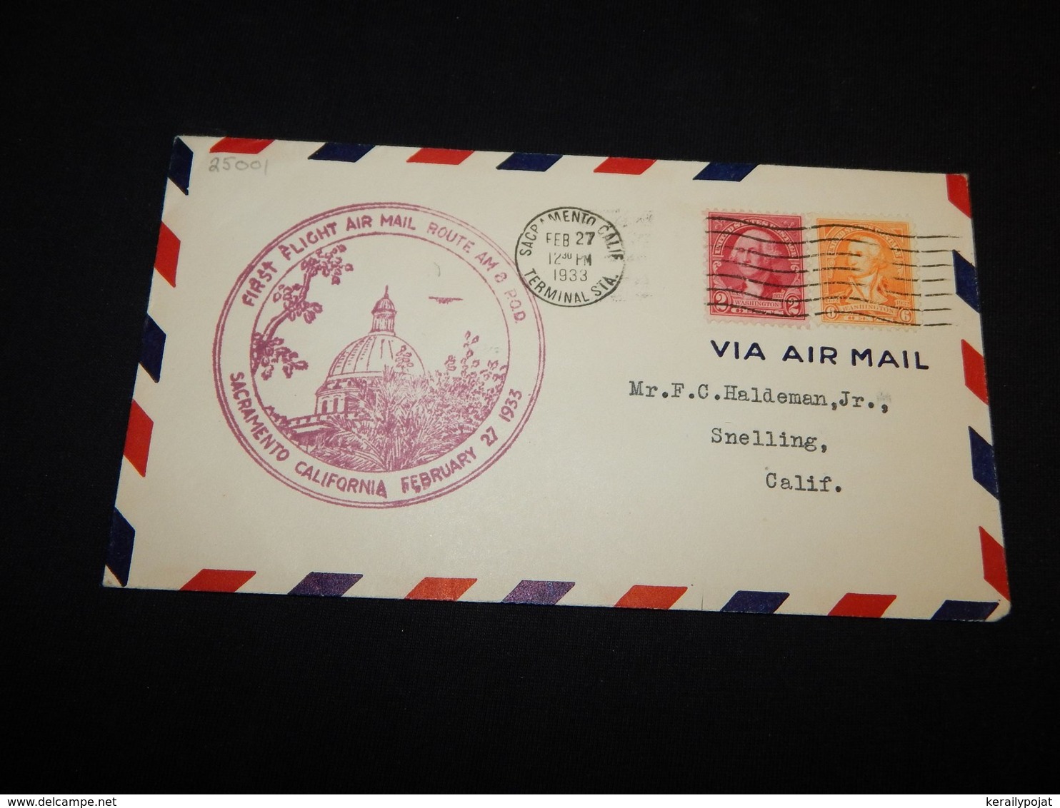 USA 1933 Sacramento First Flight Air Mail Route Cover__(L-25001) - 1c. 1918-1940 Covers