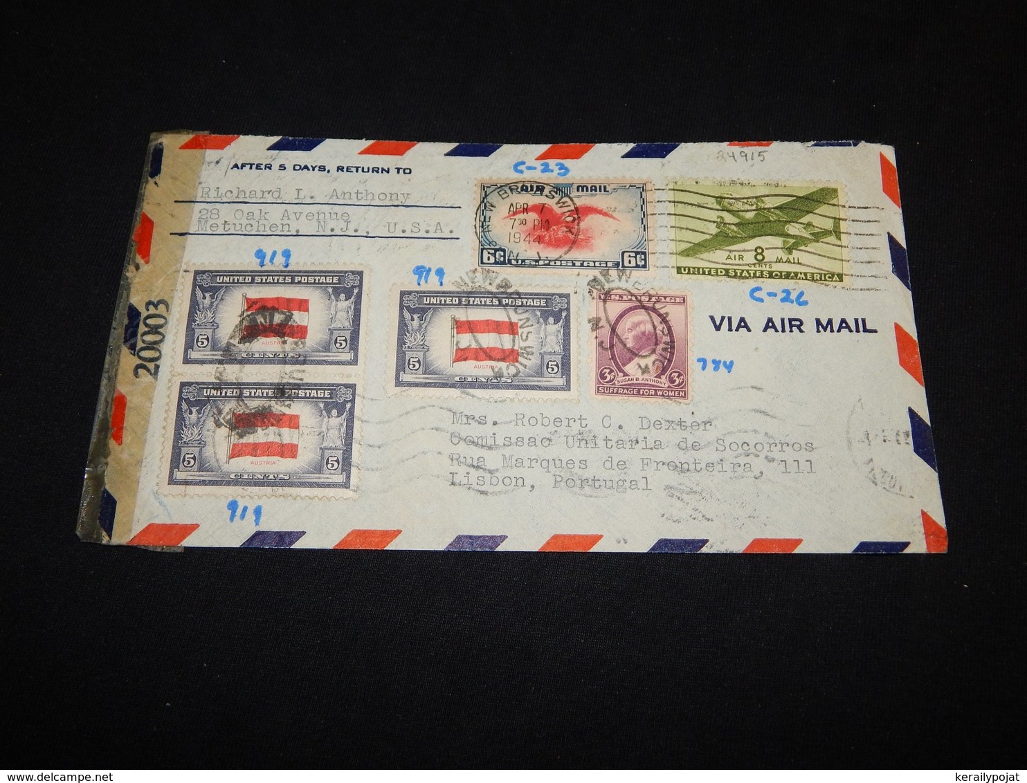 USA 1944 Braunswik Air Mail Cover To Portugal__(L-24915) - 2c. 1941-1960 Briefe U. Dokumente