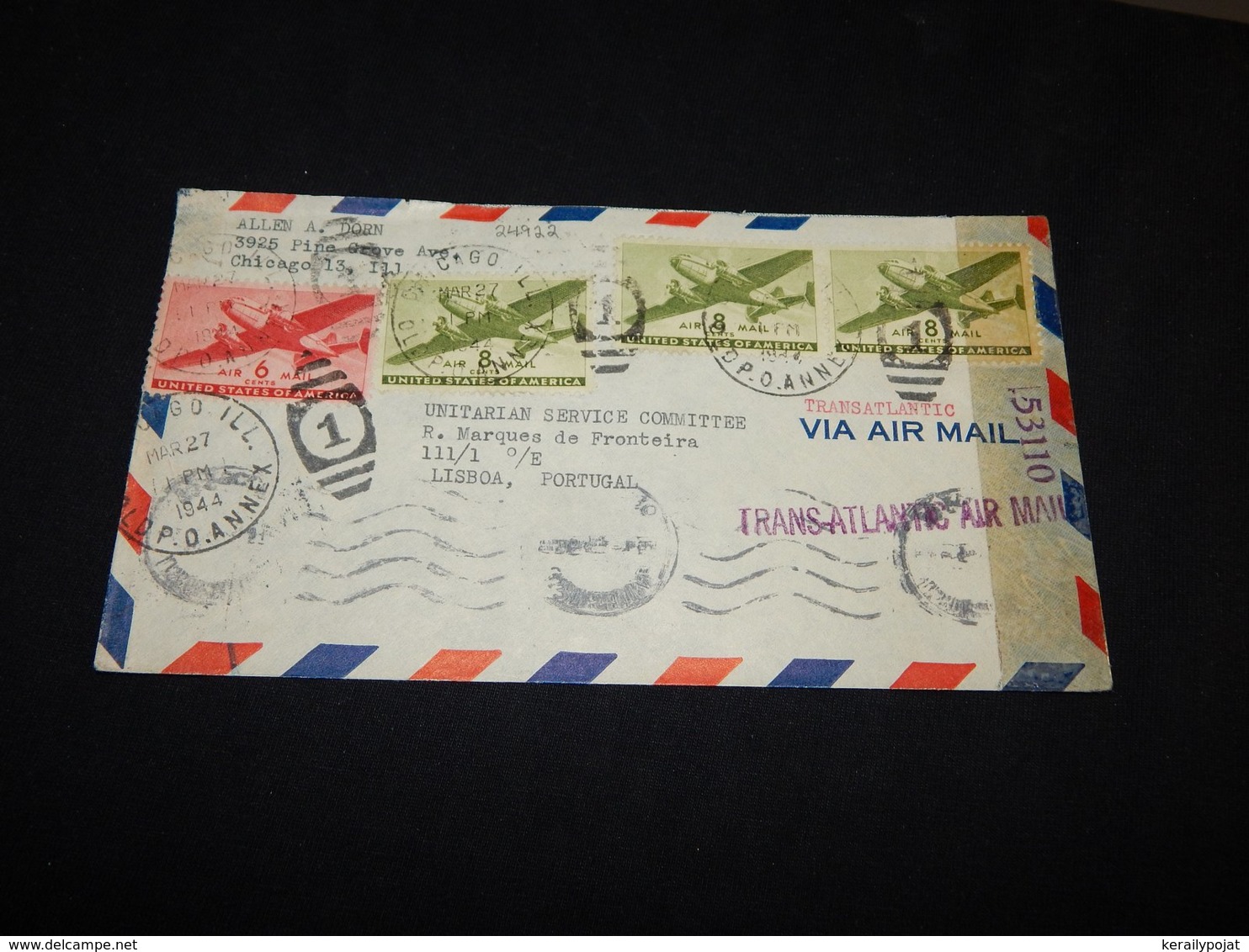 USA 1944 Chicago Censored Air Mail Cover To Portugal__(L-24922) - 2c. 1941-1960 Lettres