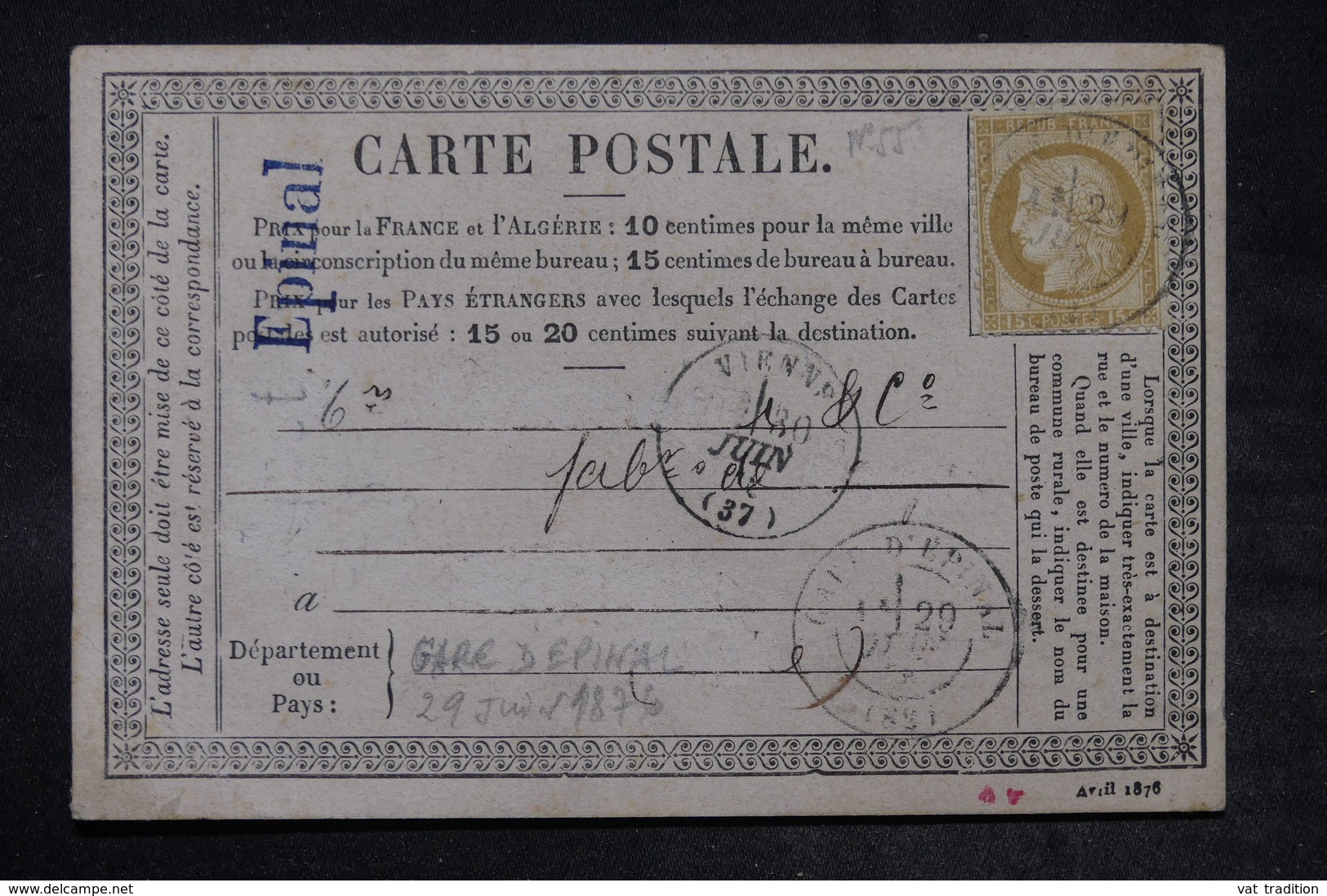 FRANCE - Carte Précurseur D'Epinal Pour Vienne ( Adresse Grattée) En 1876 , Affranchissement Cérès - L 26717 - Vorläufer