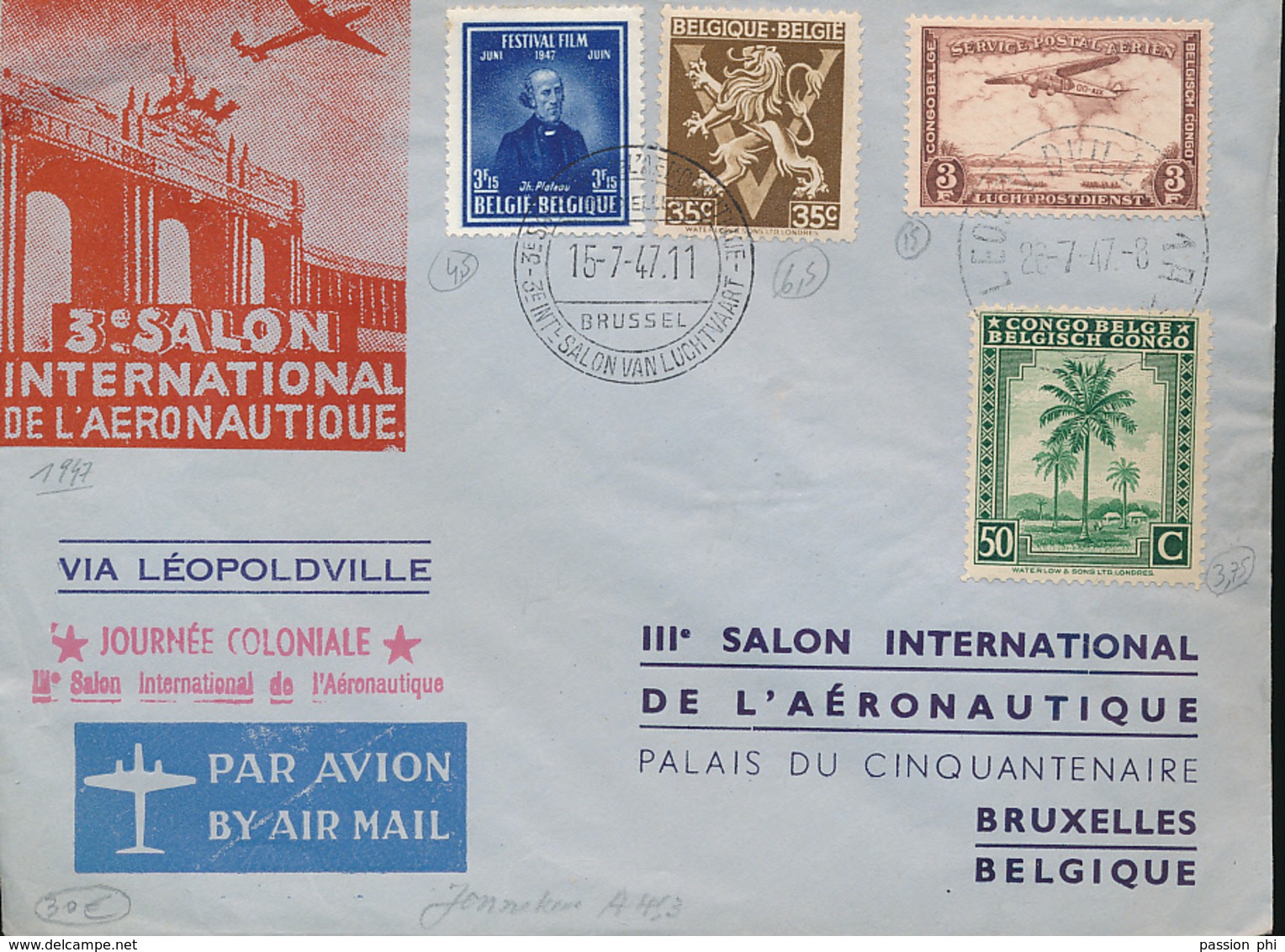 BELGIAN CONGO AIR COVER SOUVENIR LEO.1947 TO BRUSSELS SALON DE L'AERONAUTIQUE - Lettres & Documents